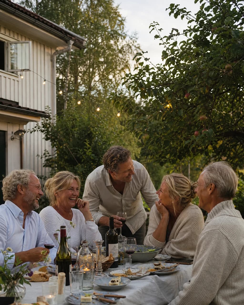 Vänner och familj skrattar tillsammans runt ett festbord en svensk sommarkväll